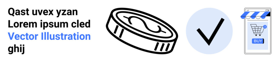 Features a dollar coin, check mark, and shopping cart on a purchase button. Ideal for themes about online shopping, digital transactions, e-commerce, financial technology and payment solutions