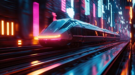Fototapeta premium A futuristic train is traveling down a track in a city at night