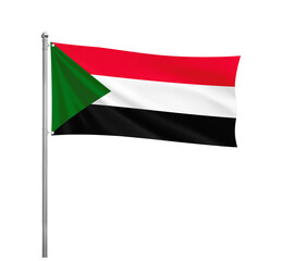 Sudan National flag waving in the wind on a silver pole, isolated on transparent