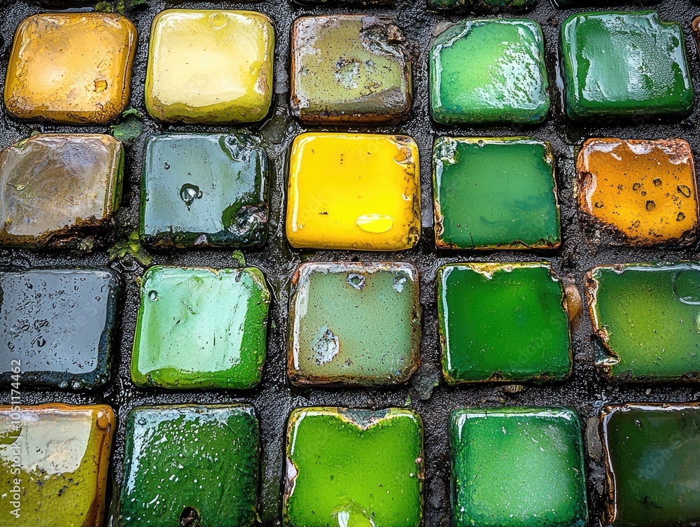 Poster colorful, textured tiles in various shades of green and yellow. a close-up photo of mosaic tiles, us