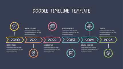 Hand drawn timeline template with six arrows, doodle infographics, dark background vector eps10 illustration