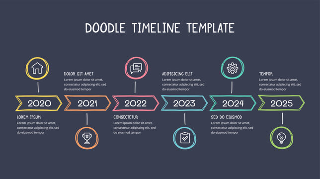 Hand drawn timeline template with six arrows, doodle infographics, dark background vector eps10 illustration