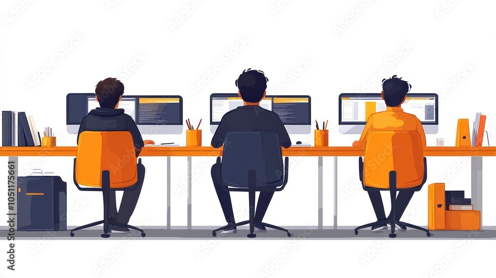 Poster three people working at computers in an office setting