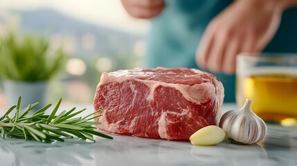 Closeup of a raw marbleized organic beef ribeye steak placed next to fresh rosemary and garlic cloves on a marble kitchen countertop
