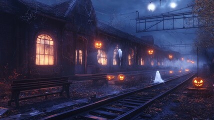 Fototapeta premium Spooky Train Station on a Halloween Night