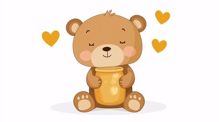 Naklejka premium Cute Cartoon Bear Cub with Honey Jar and Smiling Hearts