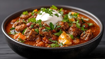 Fototapeta premium Steaming bowl of comforting homemade organic beef chili simmered to perfection with a blend of savory spices beans and tender chunks of beef