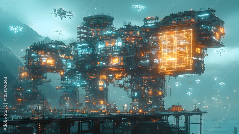 Poster futuristic construction site with advanced robotic machinery and ai controlled drones working togeth