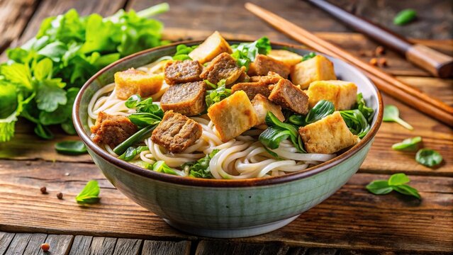 Vietnamese dish of cao lau noodles with pork, greens, and croutons