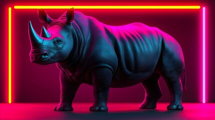 Fototapeta premium A powerful rhinoceros charges through a neon lit futuristic savannah in a high detail 3D cyberpunk inspired landscape leaving glowing dust trails in its wake