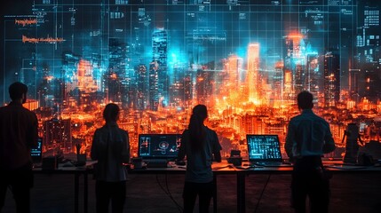 Architects collaborating in a digital studio designing a futuristic urban landscape on a massive holographic projection