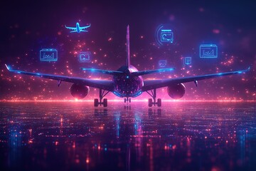 Obraz premium Airplane on runway with neon lights and digital icons.