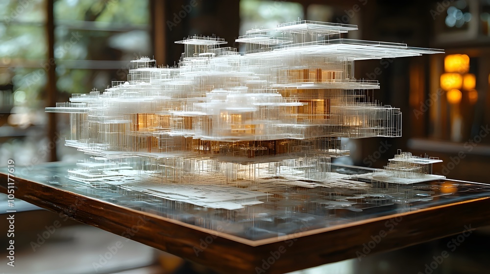 Poster floating translucent architectural model showcased in a sleek digital environment featuring geometri