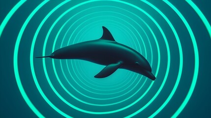 Obraz premium Dolphin jumping gracefully through glowing digital rings in a futuristic bioluminescent lit aquarium With vibrant blue and green hues the dynamic 3D rendered scene evokes a serene