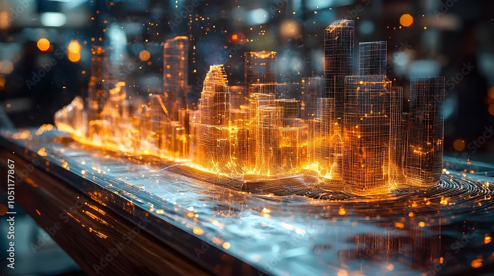 Poster floating architectural model made of translucent materials geometric shapes and holographic data ove