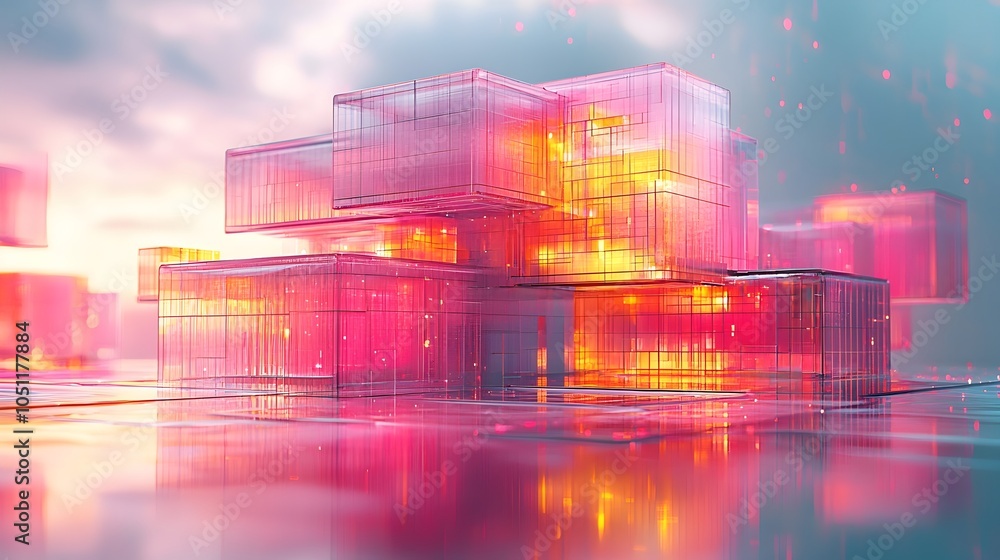 Poster futuristic floating architectural model made of translucent materials and geometric shapes with holo
