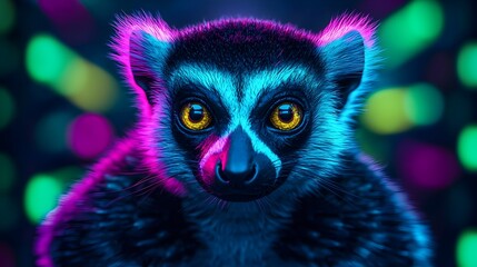Naklejka premium Digitally rendered image of a lemur swinging through a lush surreal jungle setting with glowing vines holographic details neon greens and yellows and cyber fantasy inspired elements A dynamic