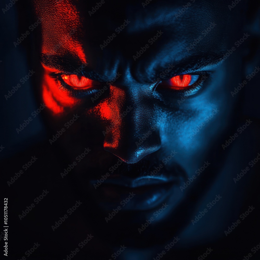 Poster close-up portrait of a man with red eyes looking directly at the camera. the man is illuminated with