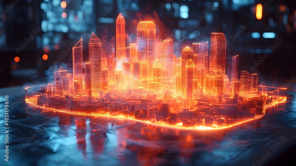 Poster futuristic architectural conference setting with a holographic 3d model of a city hovering above the