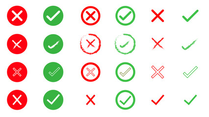 Check Mark and Cross Icon Set. Vector Illustrations of Right and Wrong Symbols, Tick and Cancel Signs, Approval and Rejection Icons, Correct and Incorrect UI Elements