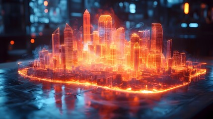 Fototapeta premium Futuristic architectural conference setting with a holographic 3D model of a city hovering above the table surrounded by neon lit room and advanced technological design tools in the background