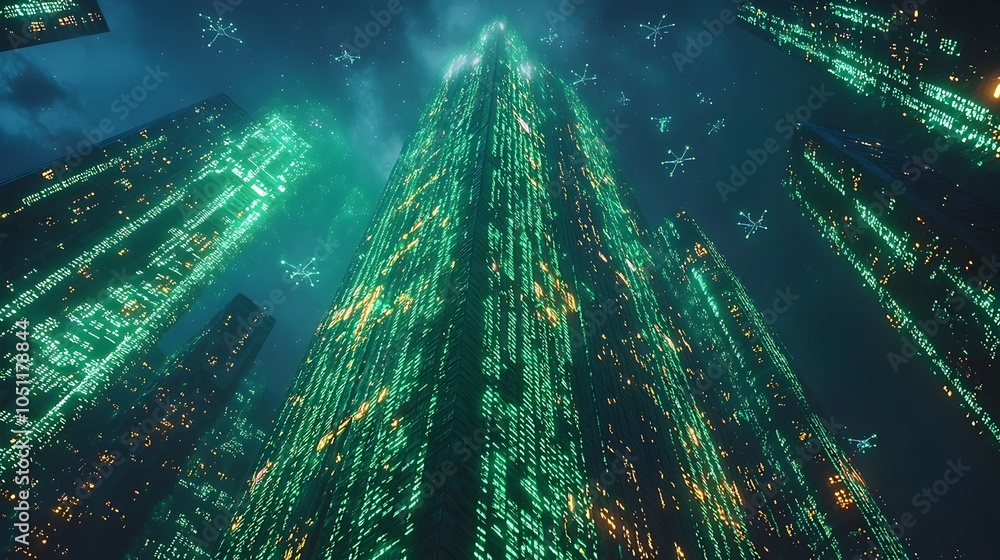 Poster sleek and minimalist futuristic skyscraper with interactive holographic displays on every floor and 