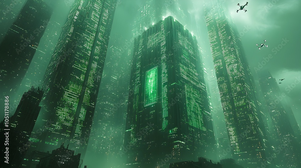 Poster sleek and minimalist skyscraper of the future featuring interactive holograms on every floor with dr