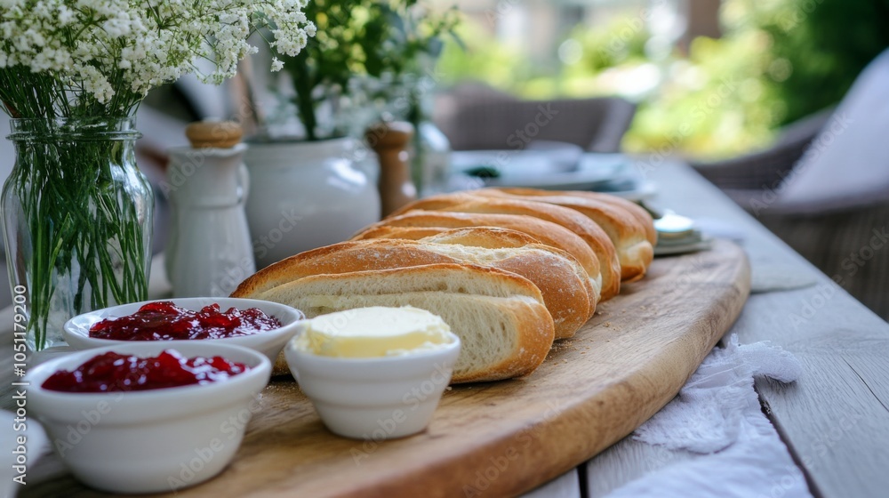 Poster fresh baguettes with butter and jam in rustic setting