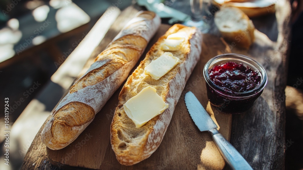 Poster fresh baguettes with butter and jam on rustic table