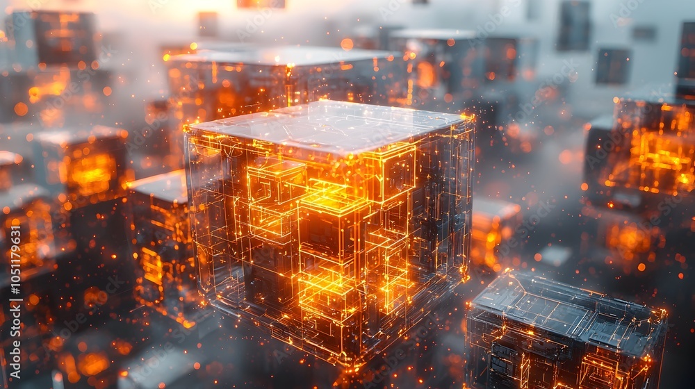 Poster modular housing units being constructed by autonomous robotic drones with glowing transparent walls 