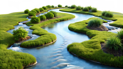 Flowing river of bluegrass mimicking water movement through a serene garden setting, providing a calming visual flow, isolated on white background as transparent. PNG. AI GENERATED.