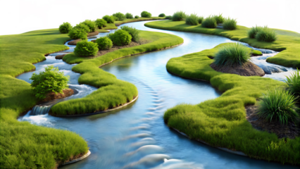 Flowing river of bluegrass mimicking water movement through a serene garden setting, providing a calming visual flow, isolated on white background as transparent. PNG. AI GENERATED.