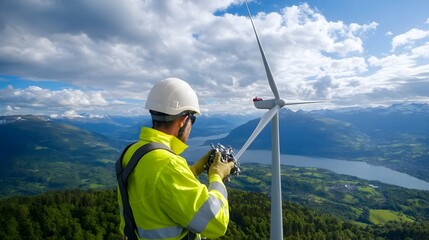Wind Turbine Technician in Full Safety Equipment Adjusting and Maintaining Turbine Components on Elevated Platform with Harness