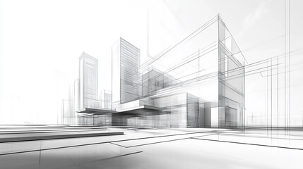 Fototapeta premium Modern Architecture building construction perspective design, building sketch line drawing on white background Pencil sketch, blueprint Exterior view of a typical 