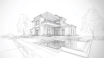 Modern Architecture building construction perspective design, building sketch line drawing on white background   Pencil sketch, blueprint Exterior view of a typical  