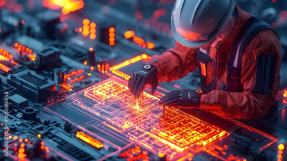 Poster a cutting edge construction site with translucent glowing materials robotic engineers and drones act