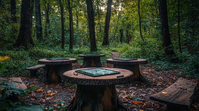 A forest picnic where each table has a tablet showing local wildlife facts and ecosystem history, encouraging learning in an outdoor setting enhanced by technology 