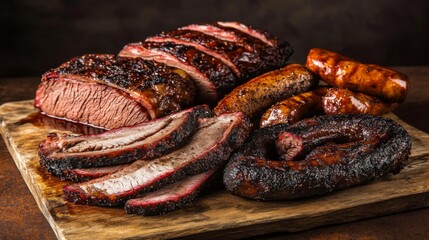 Smoky Grilled Meat on Rustic Wood Board