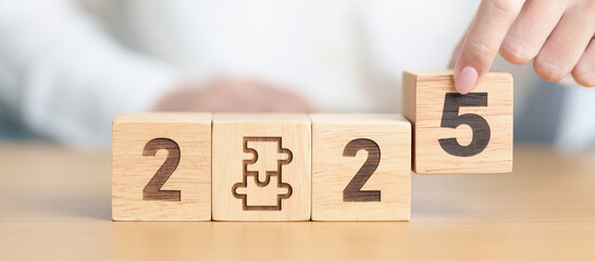 2025 block with jigsaw puzzle icon. Business Process, Team, teamwork, Goal, mission, Resolution,...