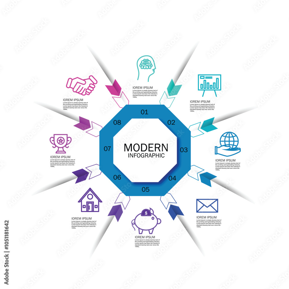 Poster modern hexagon infographic template 8 options for workflow layout, diagram, number options, step up 