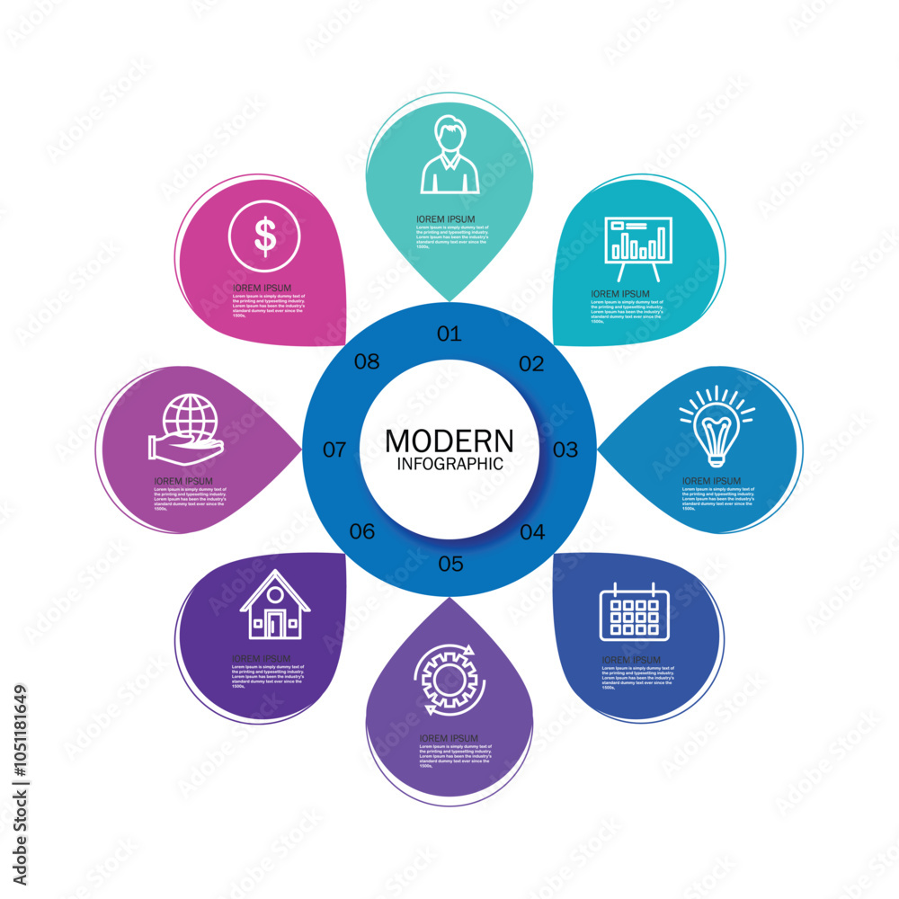 Aufkleber modern infographic design template. simple circular diagram with 8 successively connected round elem