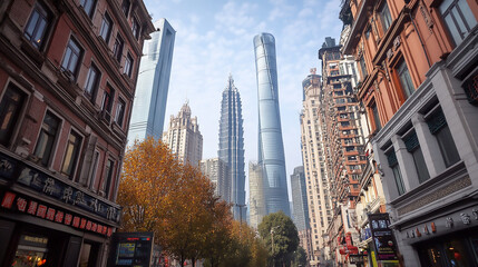 Obraz premium Skyscrapers Reaching into a Bright Blue Sky with Skyscrapers Viewed from Below with Blue Sky and White Clouds White Clouds on a Sunny Day 