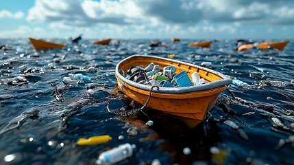 Fototapeta premium Boats Collecting Plastic in Ocean Cleanup Scene
