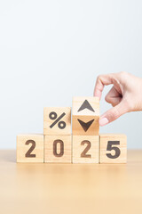 2024 to 2025 New year with percentage change to UP and Down arrow. Interest rate, GDP, stocks market, financial, deflation and Inflation, mortgage, debt, Loan and Economic Recession