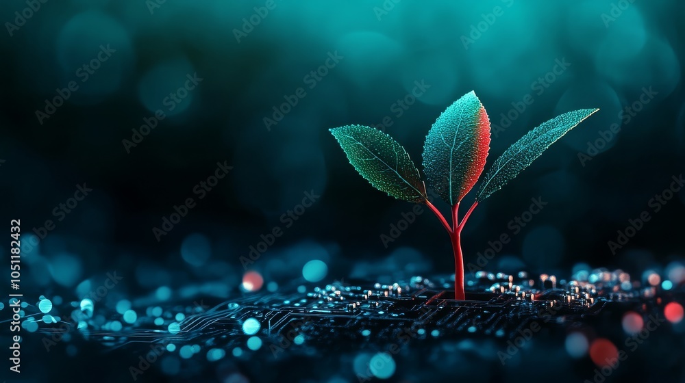 Poster technological growth finds new beginnings in the form of a germinating seed on a circuit board.