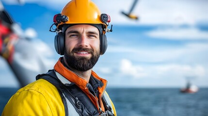 Fototapeta premium Technician in safety gear and equipment working at the top of a wind turbine tower with the vast ocean and distant horizon stretching out below
