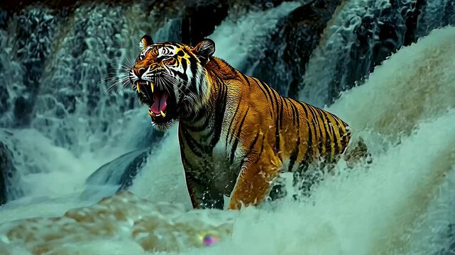 Majestic tiger roaring powerfully by cascading waterfall, showcasing its vibrant orange and black stripes, embodies raw beauty of wildlife in nature.