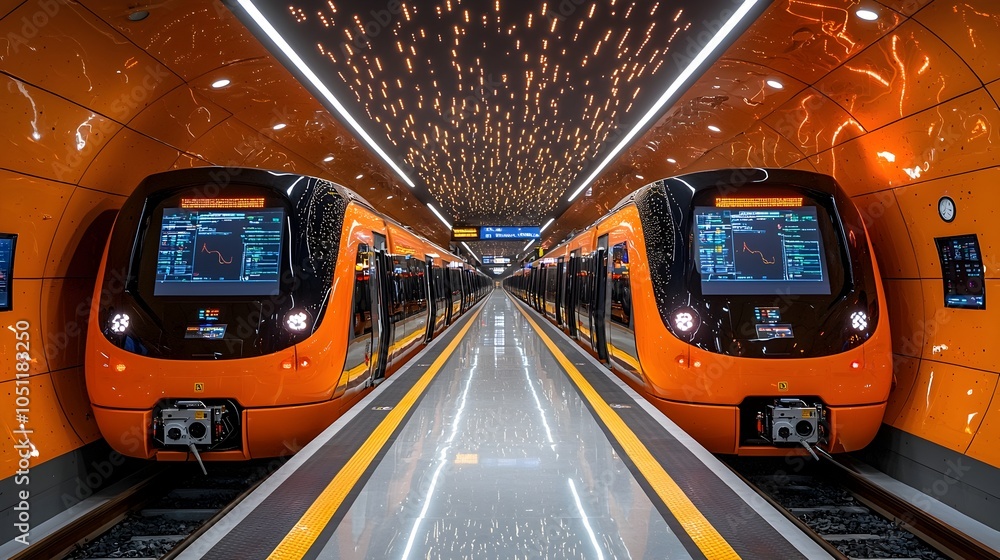 Poster photograph of a futuristic subway control room with operators monitoring live data and transportatio