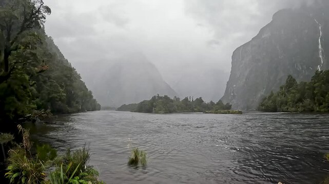 Rainy Day at Sandfly Point: Dramatic Waterfalls Cascading from Lush Cliffs in Fiordland National Park, New Zealand