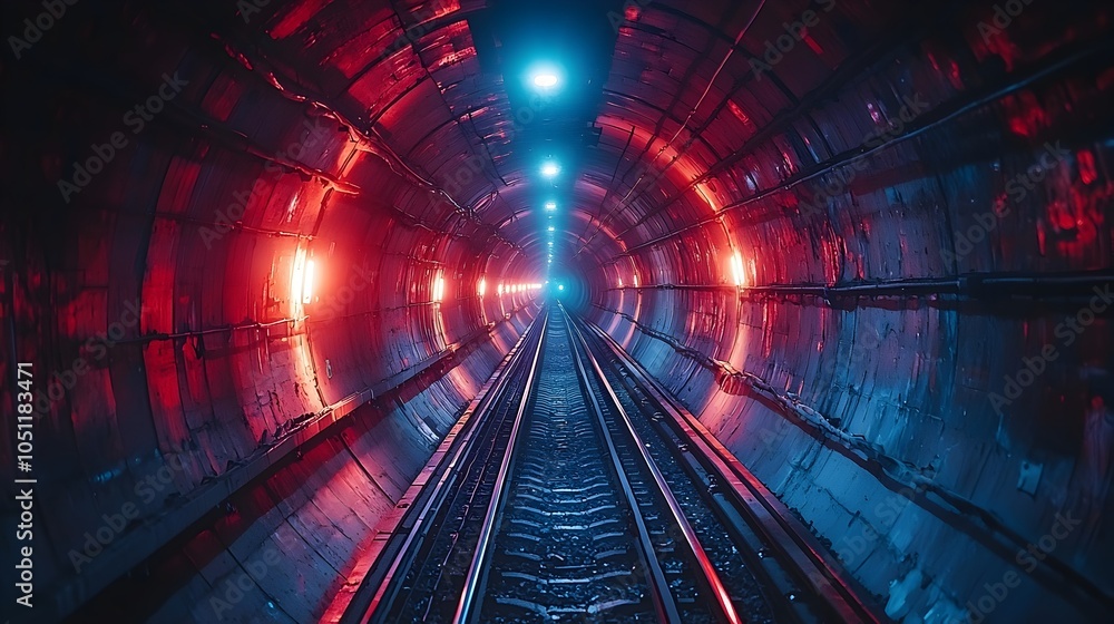 Poster detailed view of an underground subway tunnel showcasing the complex network of engineering systems 